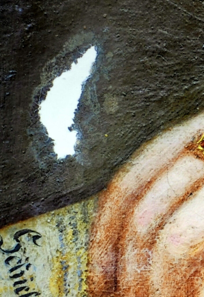 Gemälde Porträt Anna Detharding, Kittung der Fehlstelle in der Leinwand