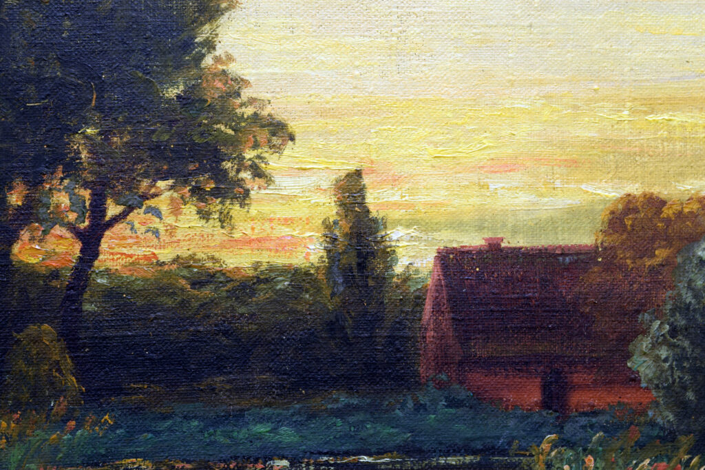 Gemälde von A. Werner, Abendstimmung am Dorfteich, Detail nach der Restaurierung