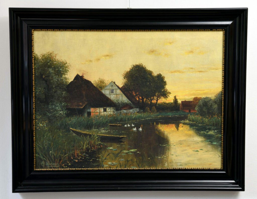 Gemälde A. Werner, Abendstimmung am Dorfteich nach der Restaurierung
