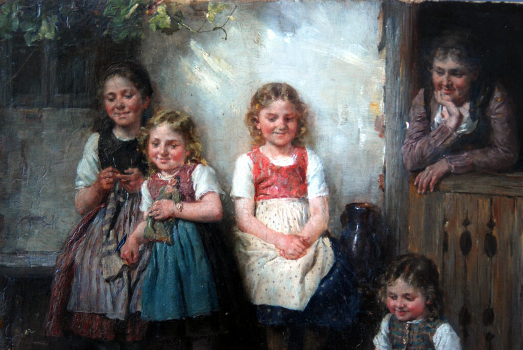 Gemälde Johann Sperl, Jugend am Spiel, Detail während der Reinigung
