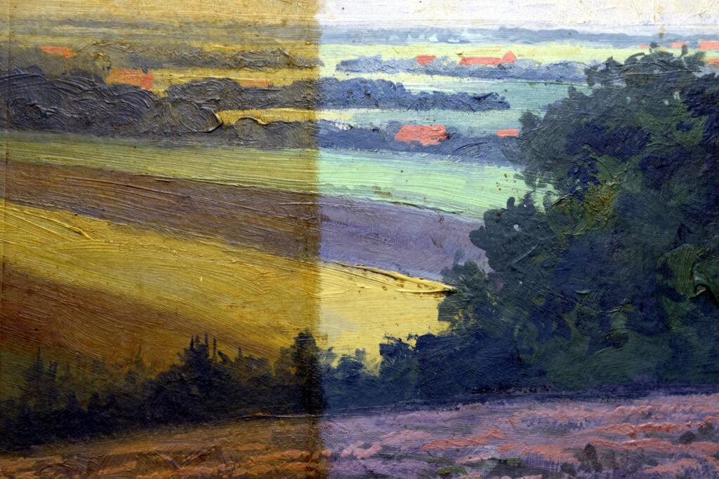 Gemälde Oskar Kiecker, Brelinger Berg, Detail während der Reinigung